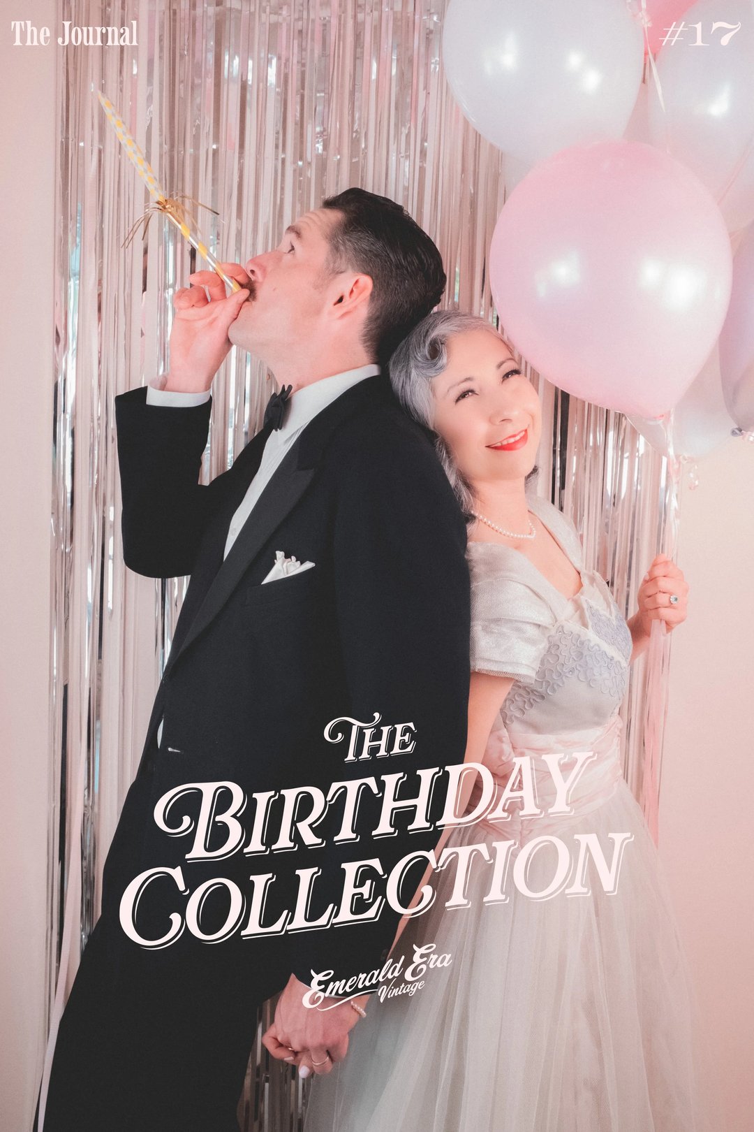 A man in a tuxedo and a woman in a vintage gown celebrate with balloons and a party horn, featuring the text "The Birthday Collection" at the bottom.