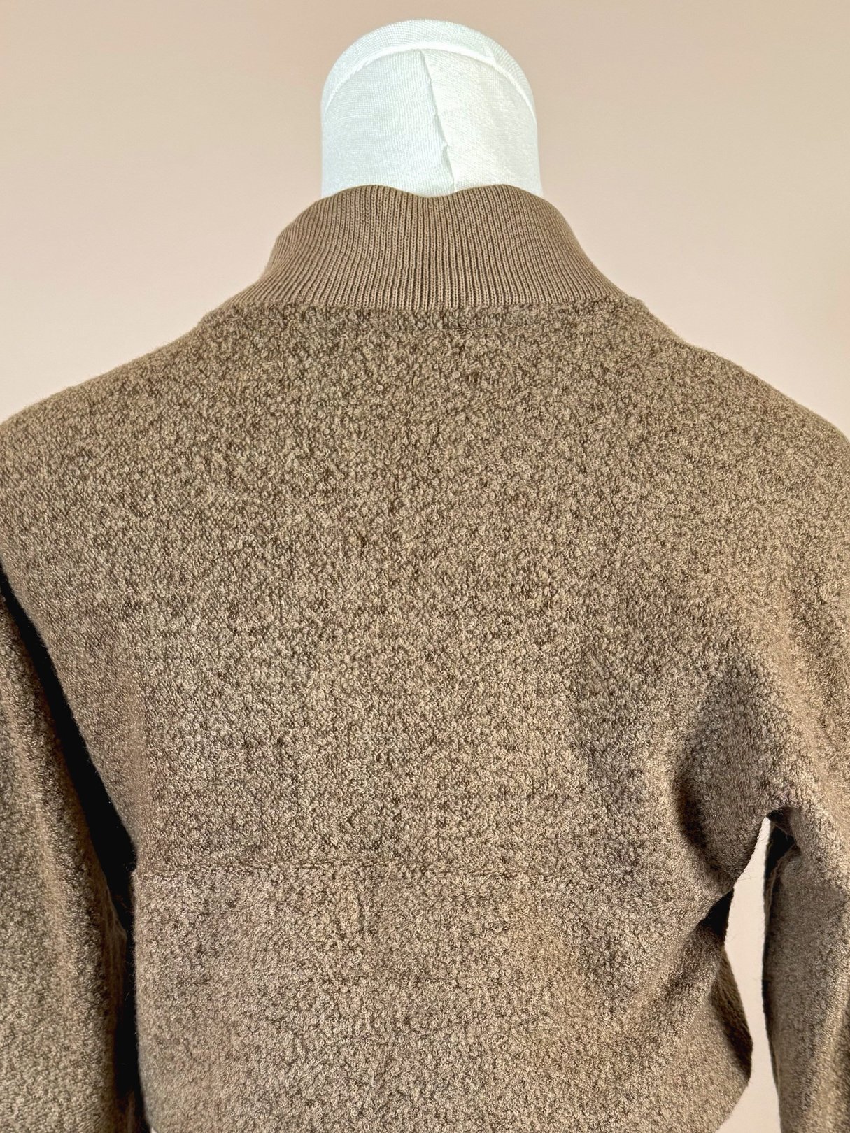 Tan 1950s women's Jantzen Hearthside Knit Set featuring a textured knit design and a high collar.