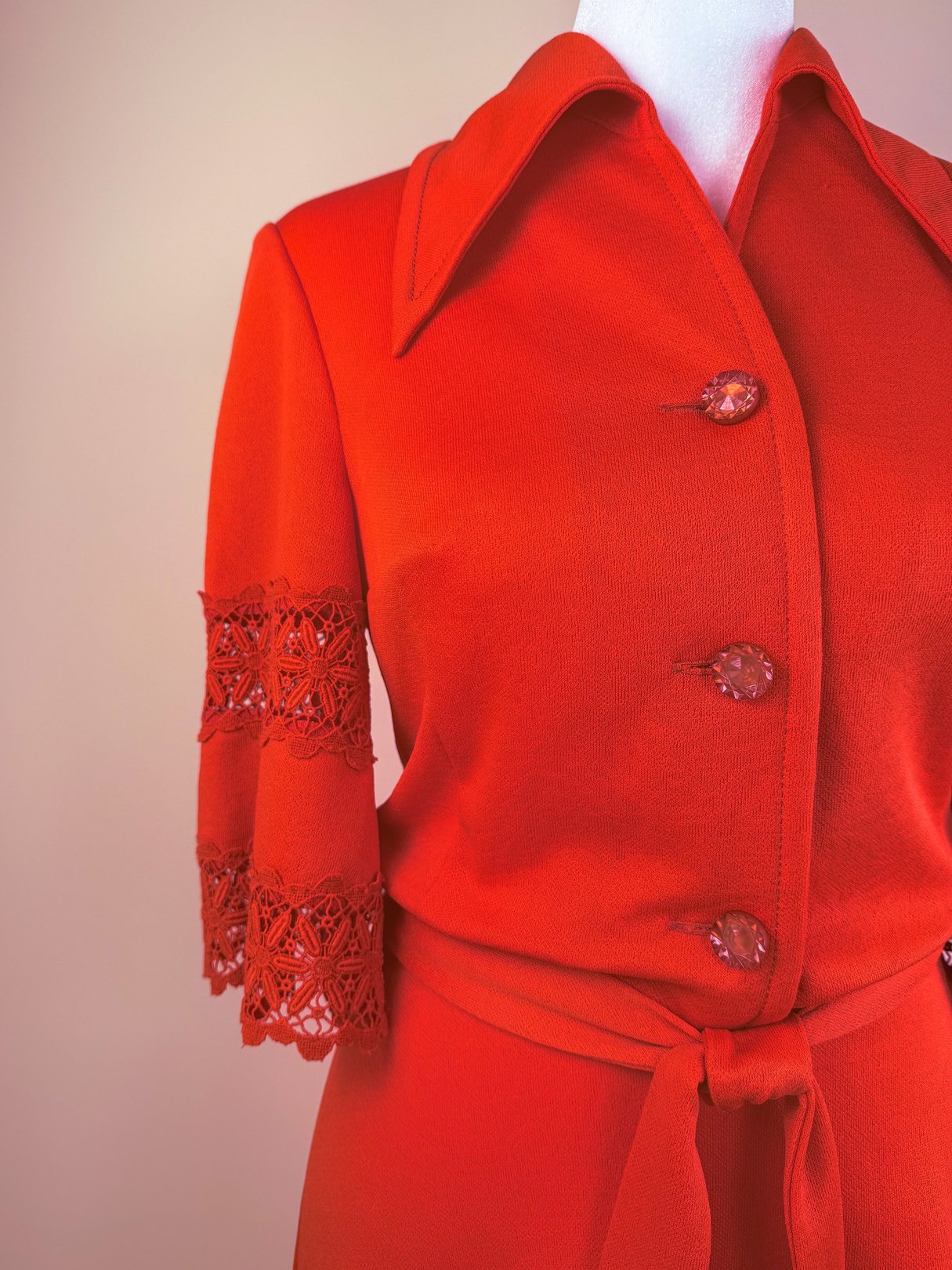 Red 1970s women's Cherry Lace Bell Dress featuring a collared neckline, three decorative buttons, and lace detailing on the sleeves.