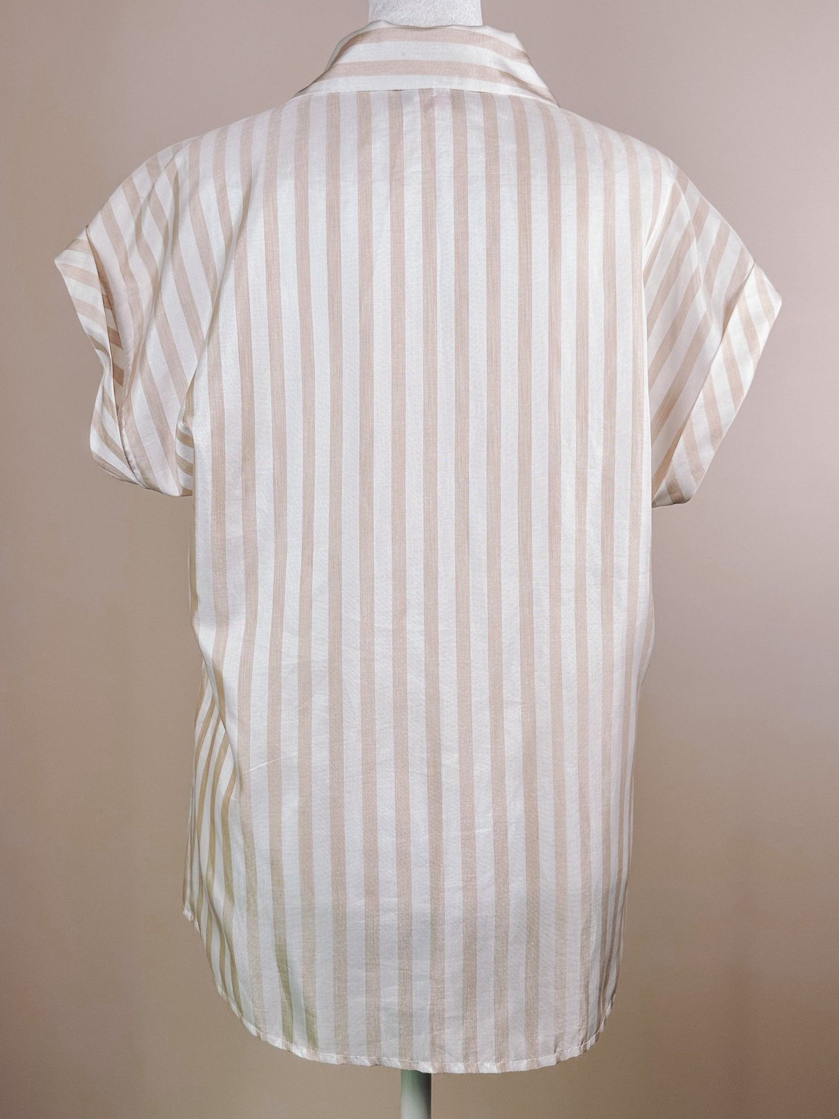 Chic 1970s striped blouse in white with tan and blush stripes, featuring short sleeves and a classic collar.