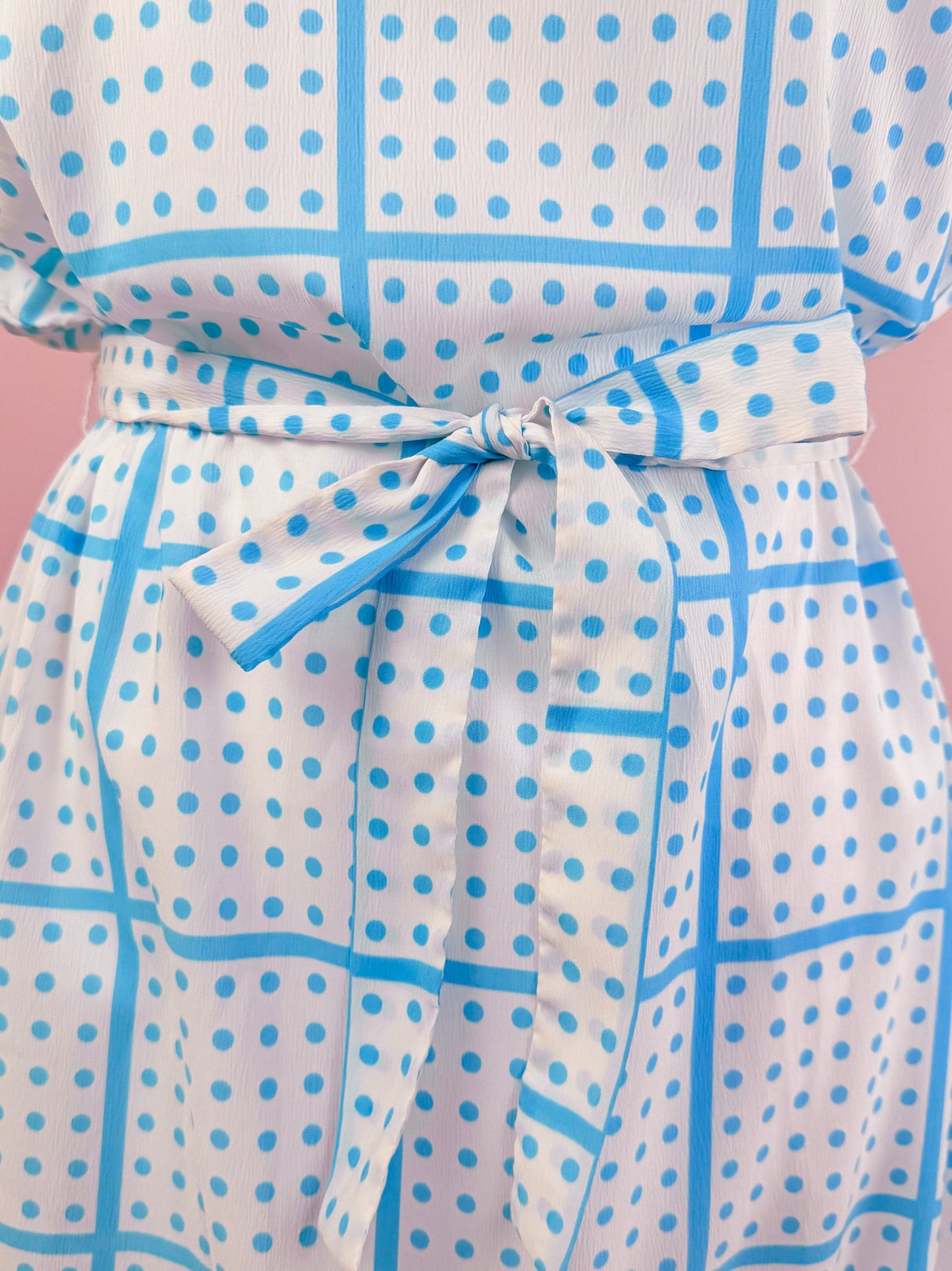 1970s women's Blueberry Picnic Dress featuring a white fabric with blue polka dots and a tied belt detail at the waist.