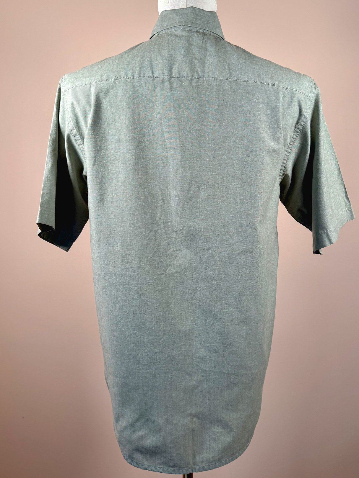 Men's 1990s Wrangler Authentics Camp Shirt in sage green, showcasing a short-sleeve design and a back view.
