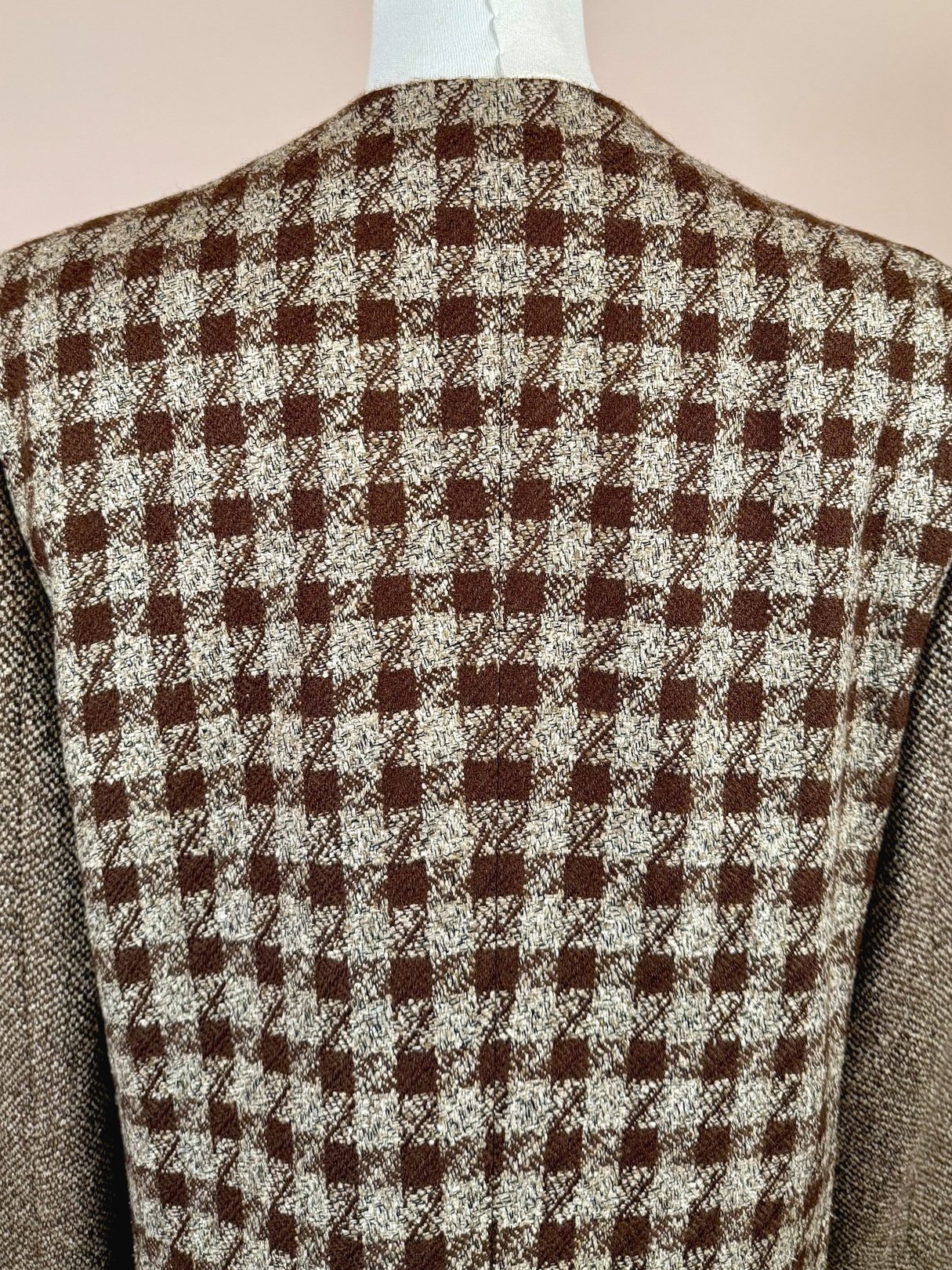 Brown tweed coat with a checkered pattern, designed for women, featuring a tailored fit from the 1990s.