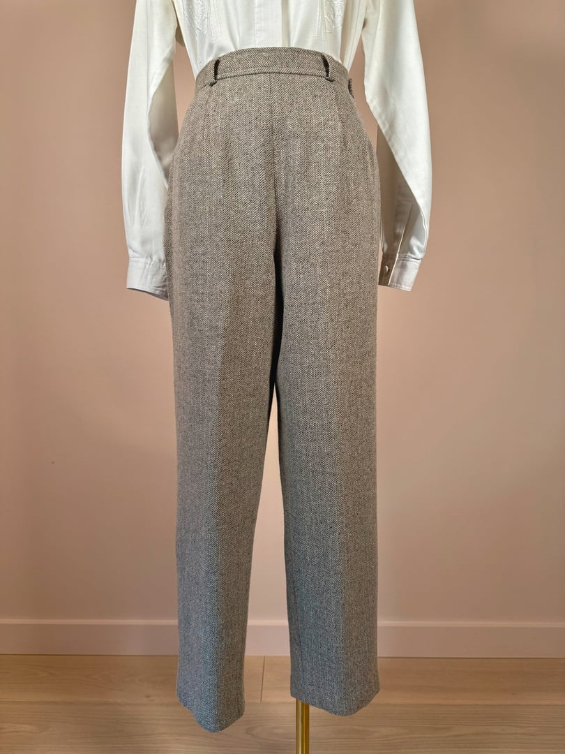 Tan birch tweed pants for women, featuring a high waist and straight leg cut, styled with a white blouse.