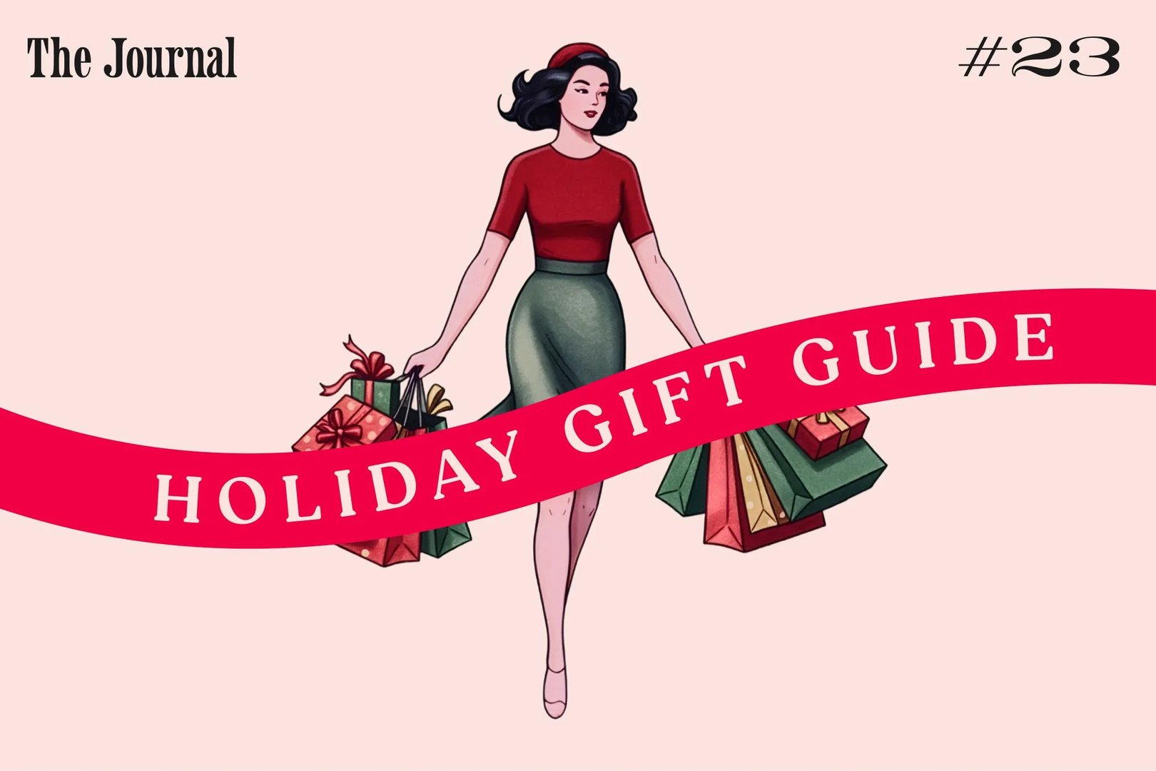 A retro-style illustration of a woman carrying holiday gift bags with a red banner that reads "HOLIDAY GIFT GUIDE.