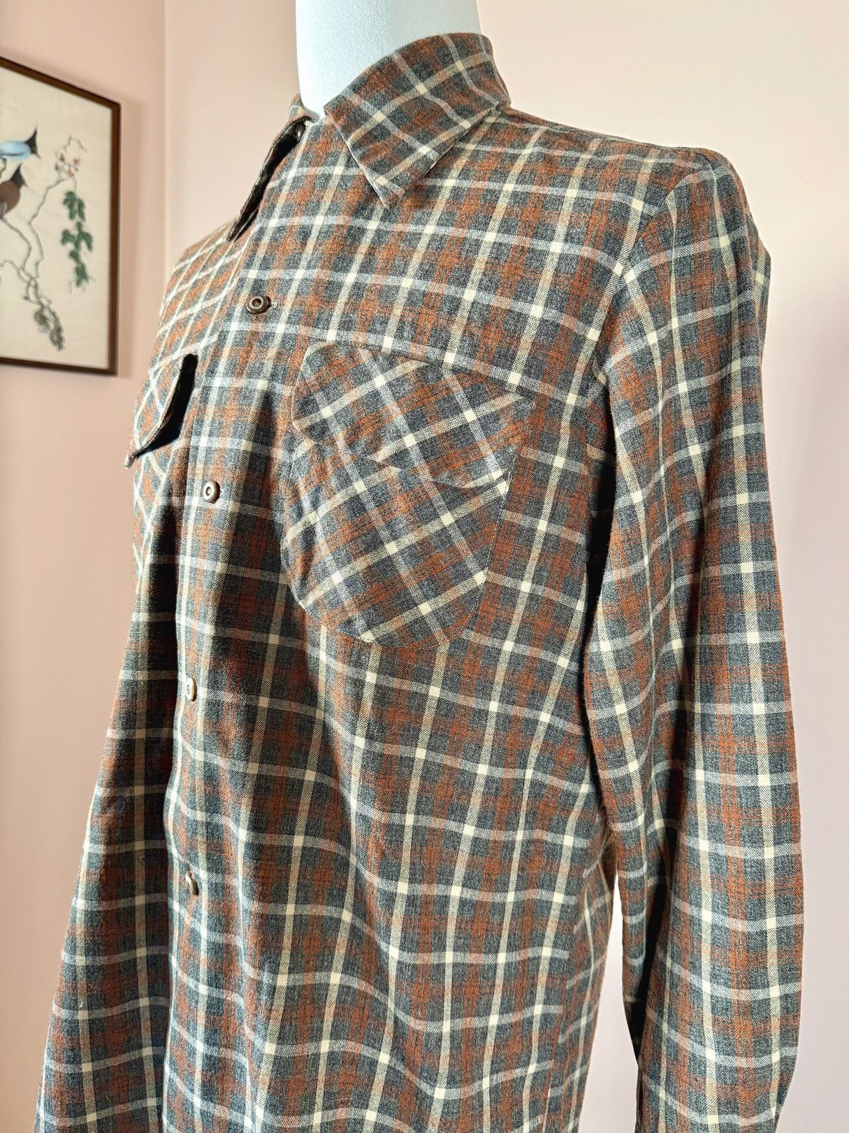 Men's 1950s Original Santa Cruzer of California plaid shirt in grey, featuring a button-down collar and chest pocket.