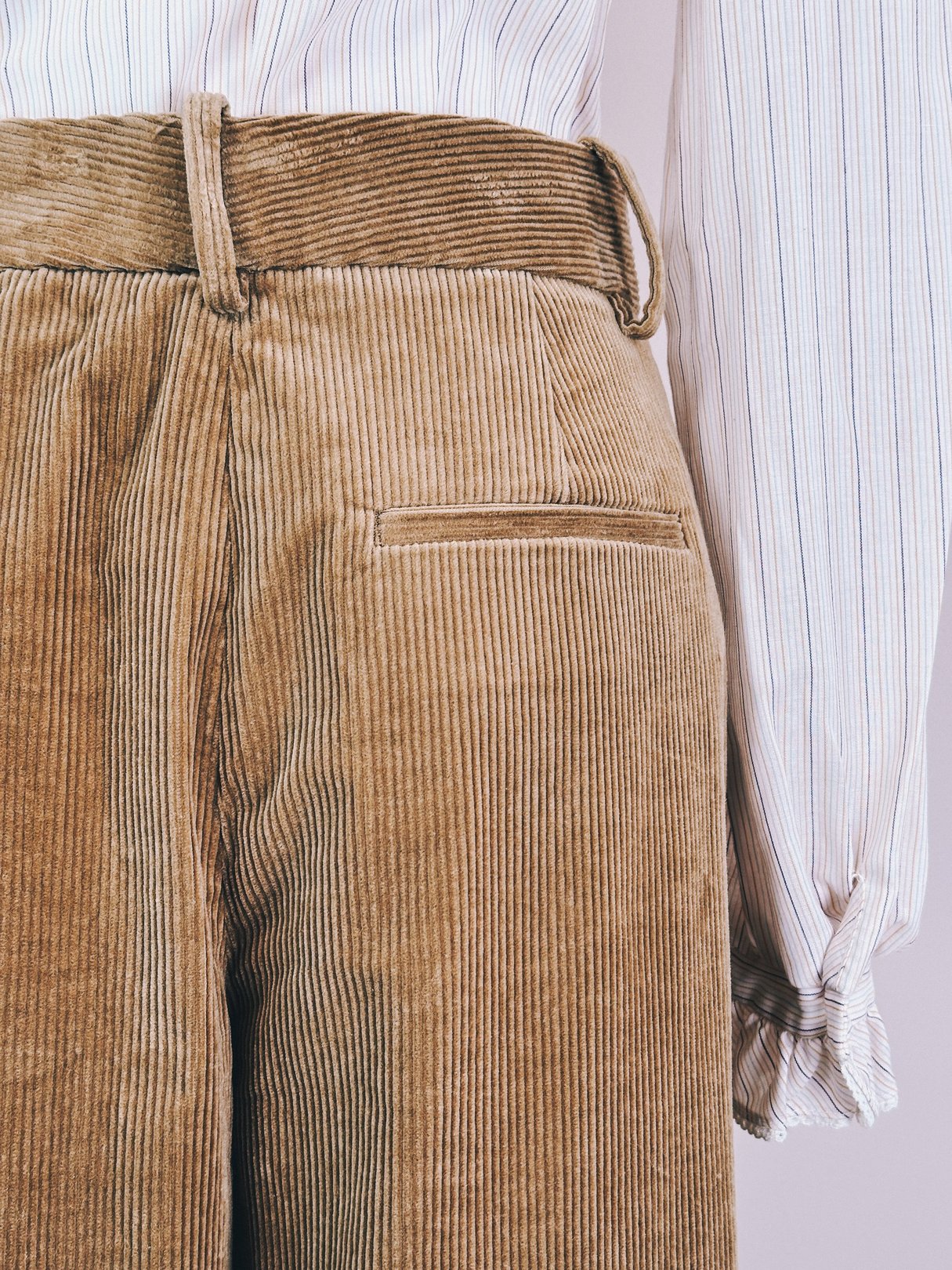 Women's 1970s Toast Brown CorduROY Kent Pants with a side pocket and textured fabric.
