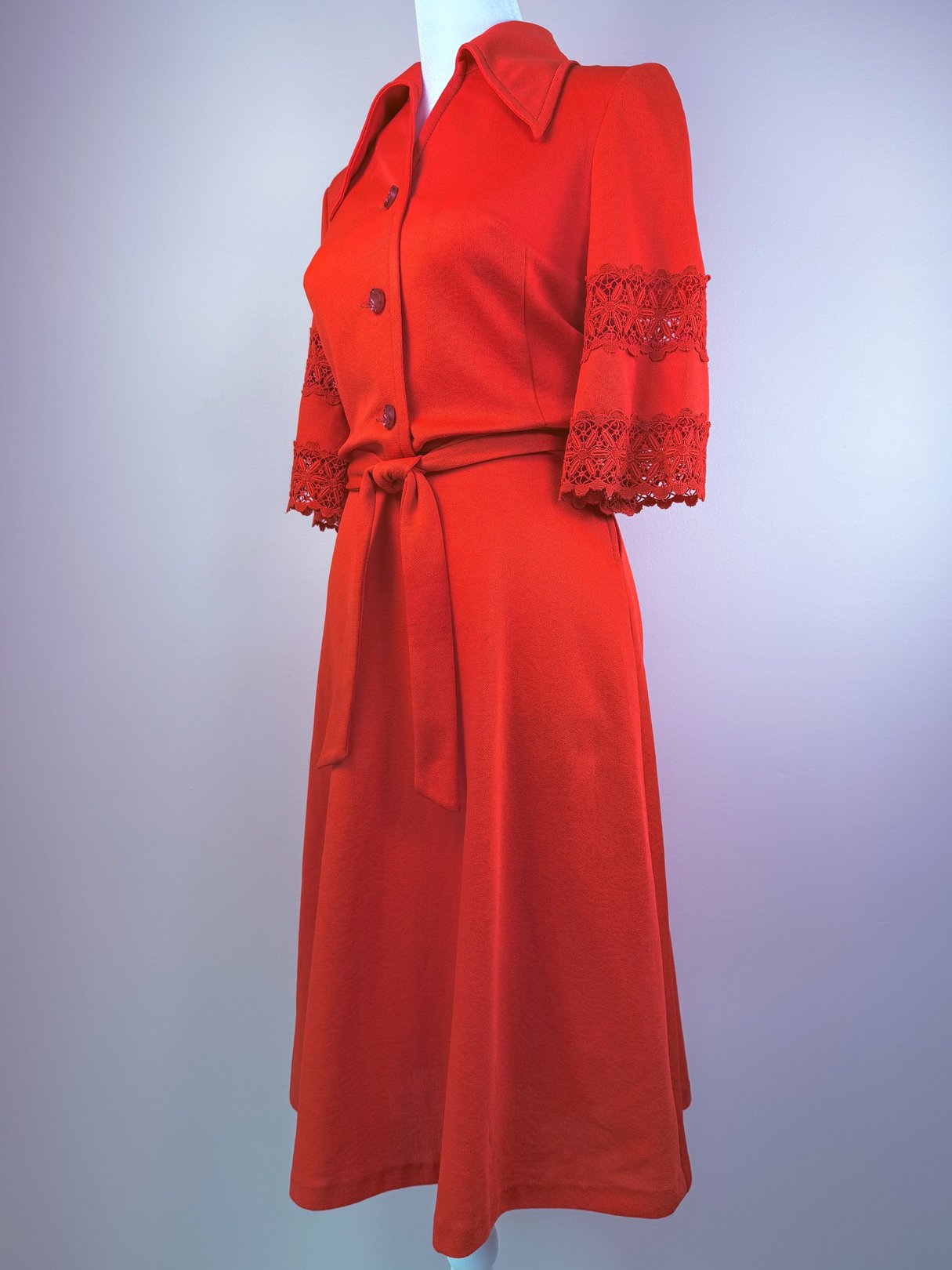 Red 1970s women's Cherry Lace Bell Dress featuring lace sleeves and a belt.