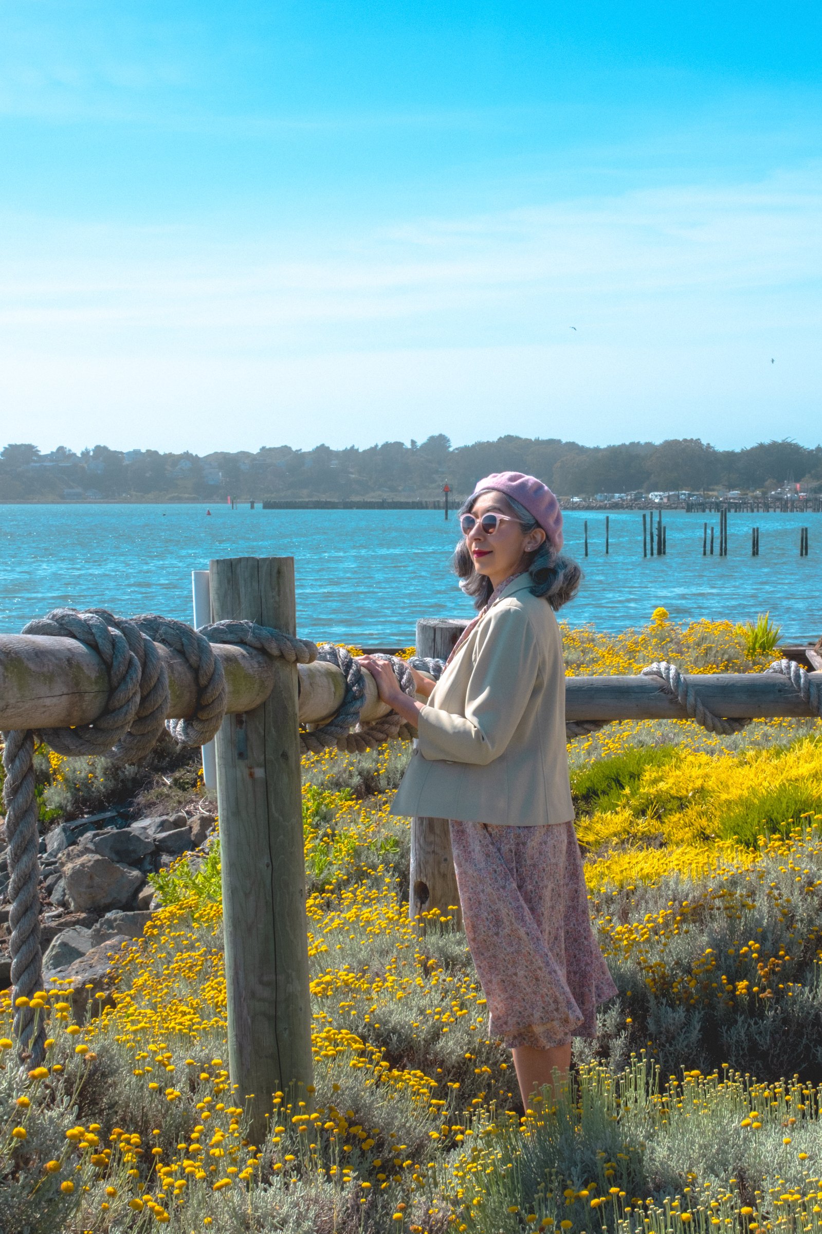 The Road to Bodega Bay gallery image: A woman in a light jacket and pink beret stands by a wooden railing overlooking a blue bay with yellow flowers in the foreground.