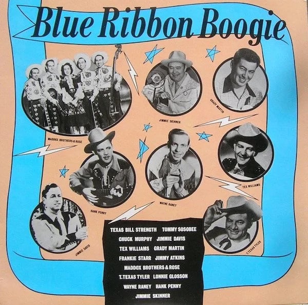 A vintage poster featuring the cast of "Blue Ribbon Boogie," including photos and names of various performers.