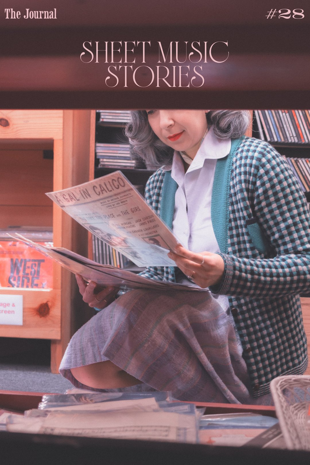 Sheet Music Stories: A person in a checkered sweater examines vintage sheet music titles including "A Gal in Calico.
