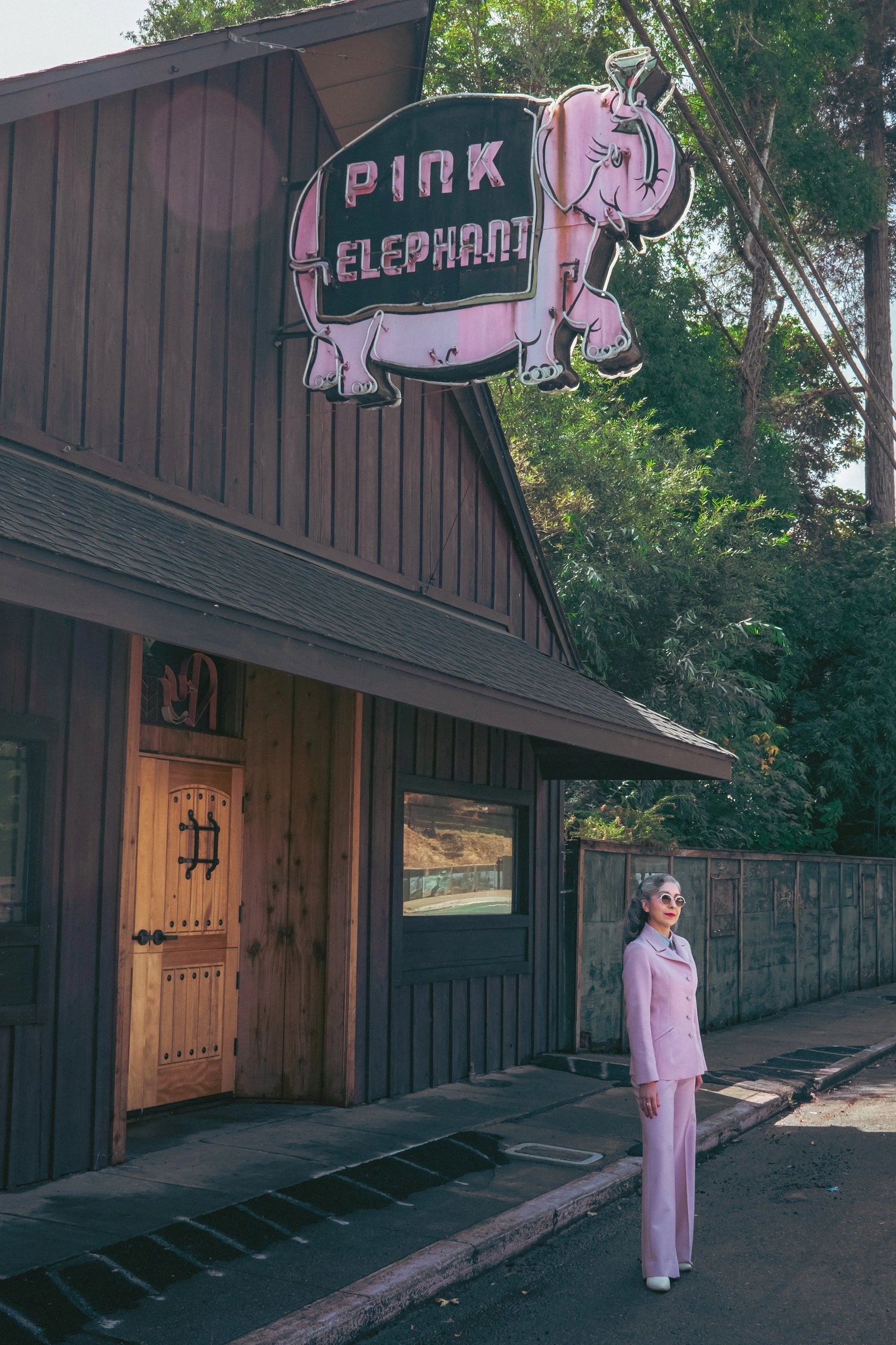 A person in a pink suit stands in front of the Pink Elephant building with a large neon sign featuring an elephant.