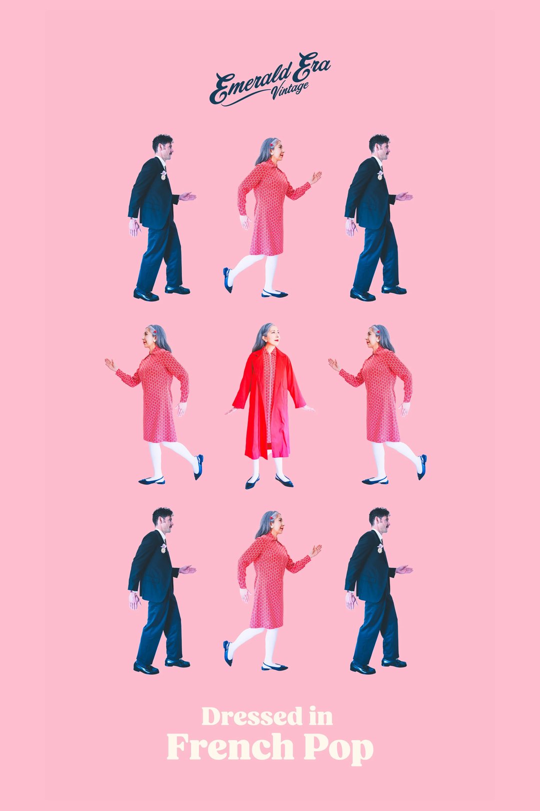 Colorful collage featuring models in stylish outfits inspired by French pop fashion against a pink background.