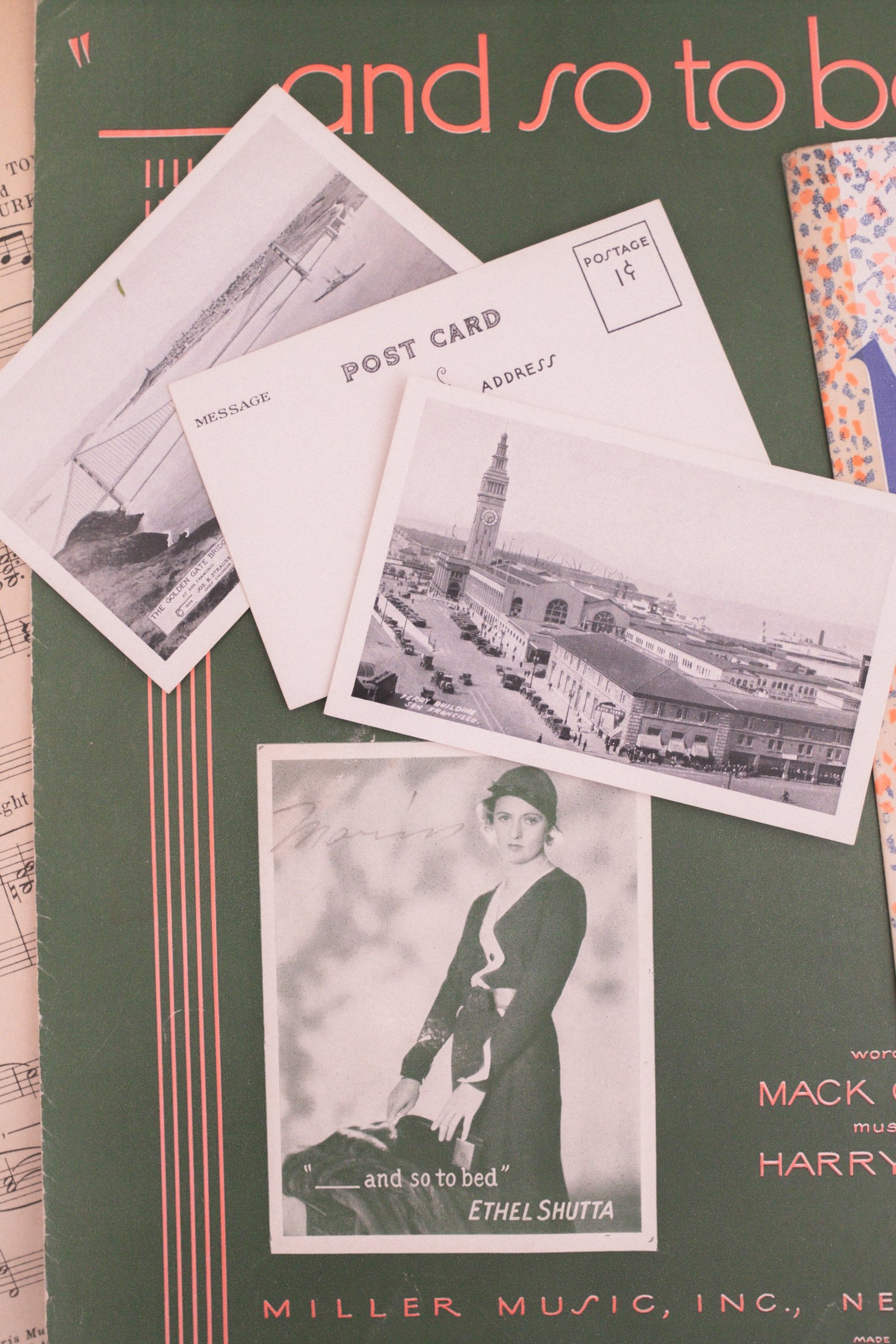 Sheet Music Stories gallery image: A collection of vintage sheet music, postcards, and a black-and-white portrait of Ethel Shutta.