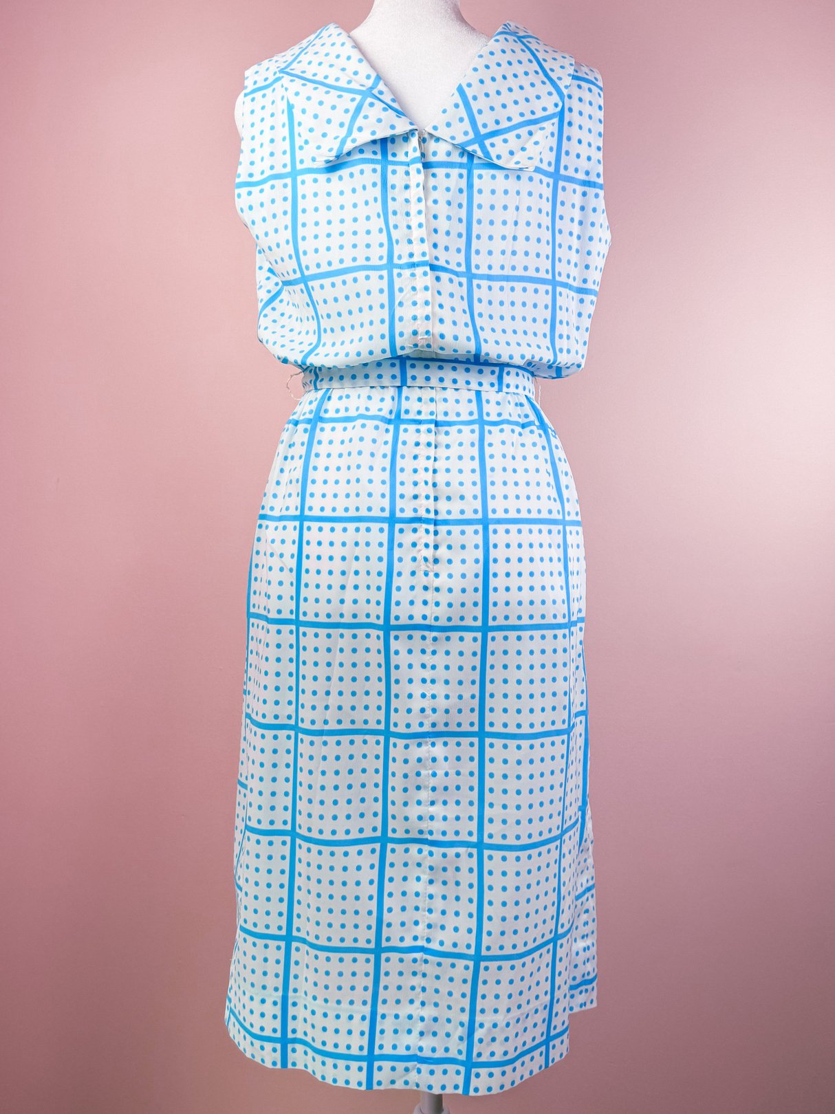 1970s women’s Blueberry Picnic Dress featuring a white fabric with blue grid patterns and yellow polka dots, complete with a collar and belted waist.