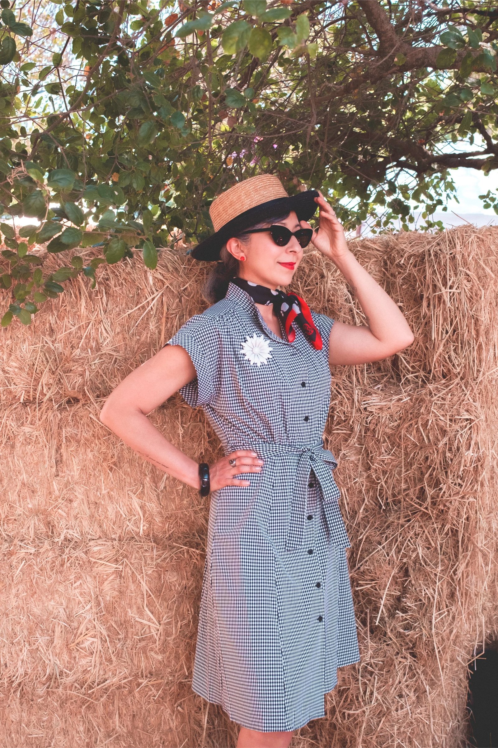 A woman poses in a black and white gingham dress with a belt, accessorized with sunglasses and a scarf, standing against a backdrop of hay bales.
