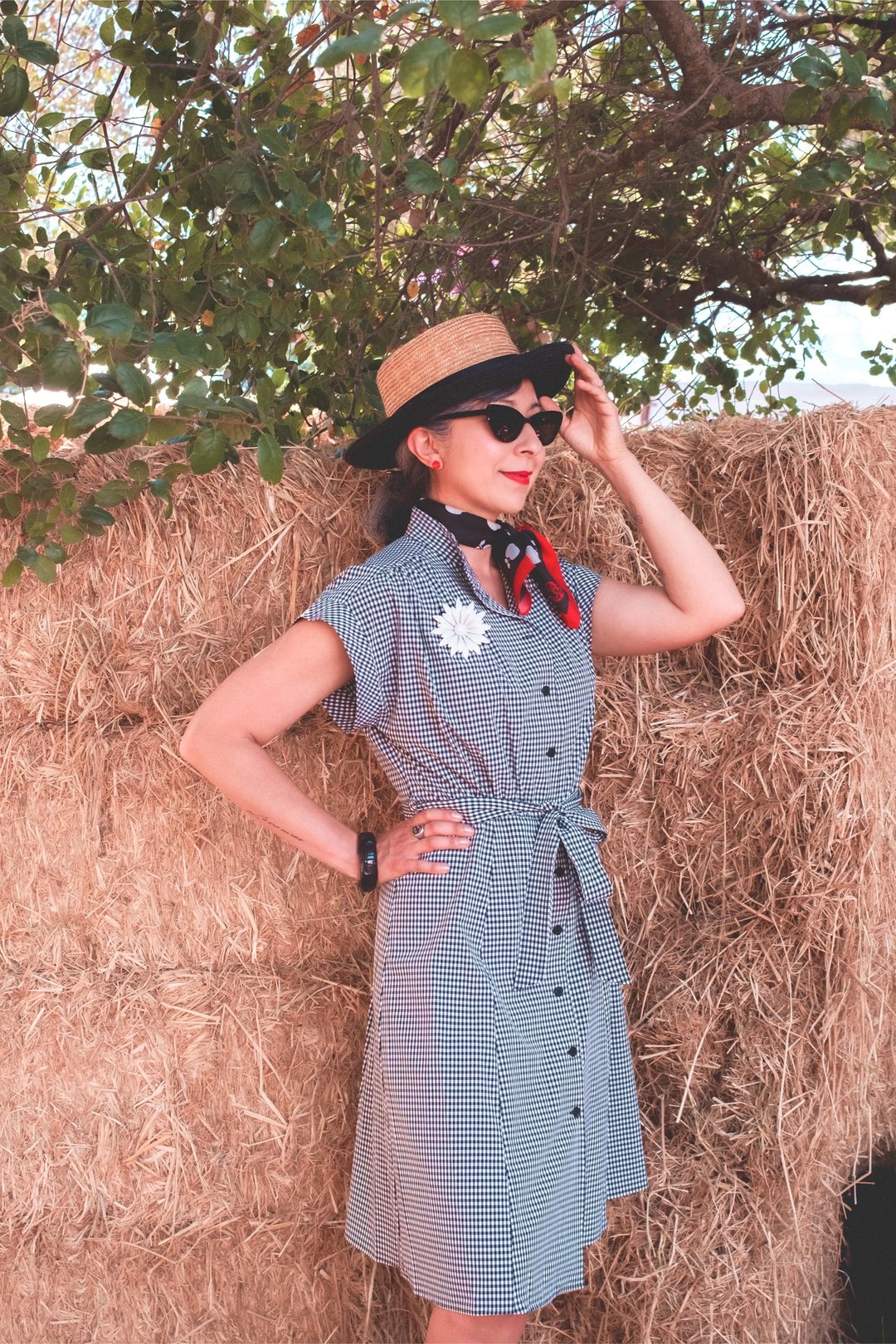 A woman poses in a black and white gingham dress with a belt, accessorized with sunglasses and a scarf, standing against a backdrop of hay bales.