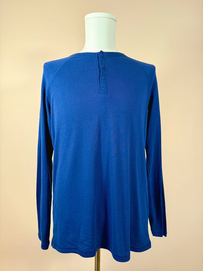 Royal blue long-sleeve Henley shirt for men from the 1990s featuring a buttoned placket.
