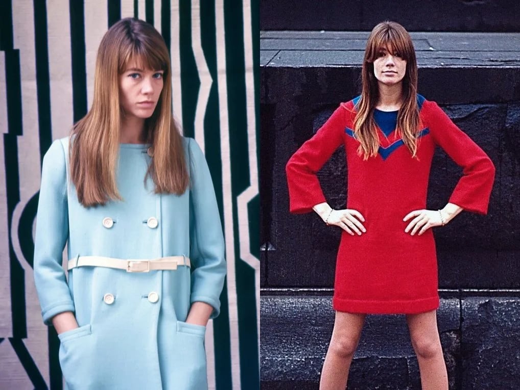 A woman poses in a light blue coat with a belt on the left and a red dress with blue and white accents on the right.