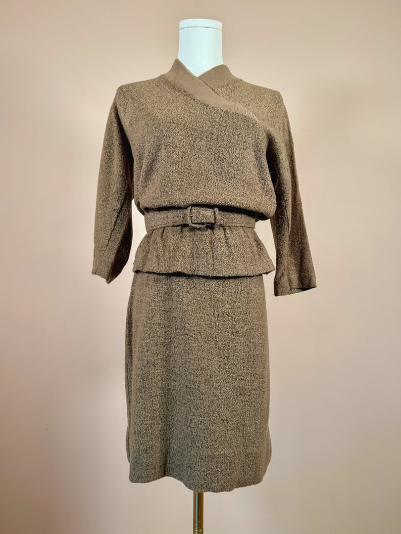 Tan 1950s Jantzen Hearthside Knit Set featuring a belted top with three-quarter sleeves and a matching skirt.