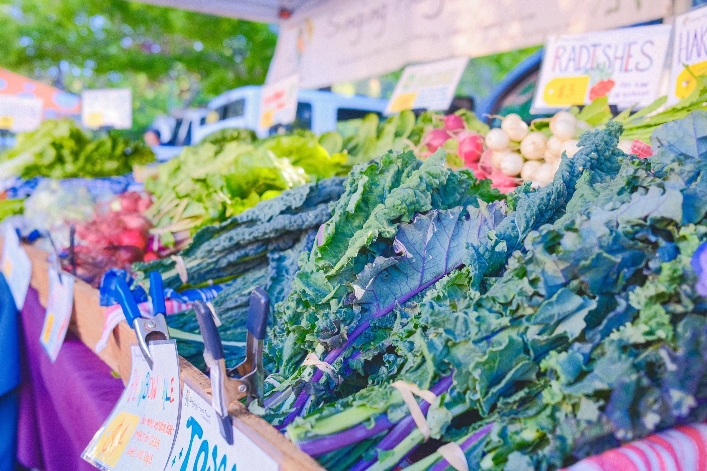 A display of fresh kale and leafy greens at a farmers market.