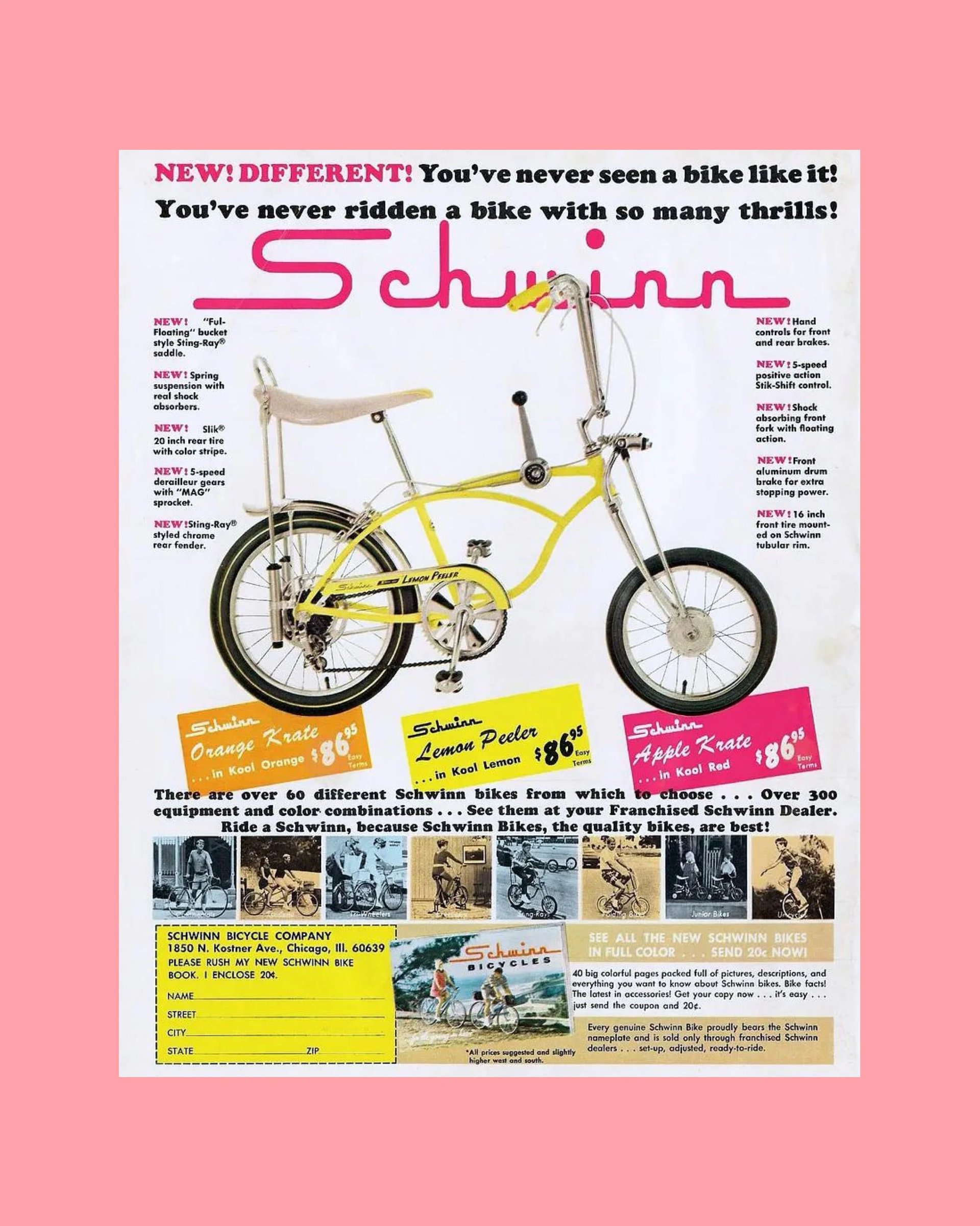 A vintage advertisement for Schwinn bicycles featuring the Lemon Peeler and Orange Krate models, highlighting their unique designs and pricing.