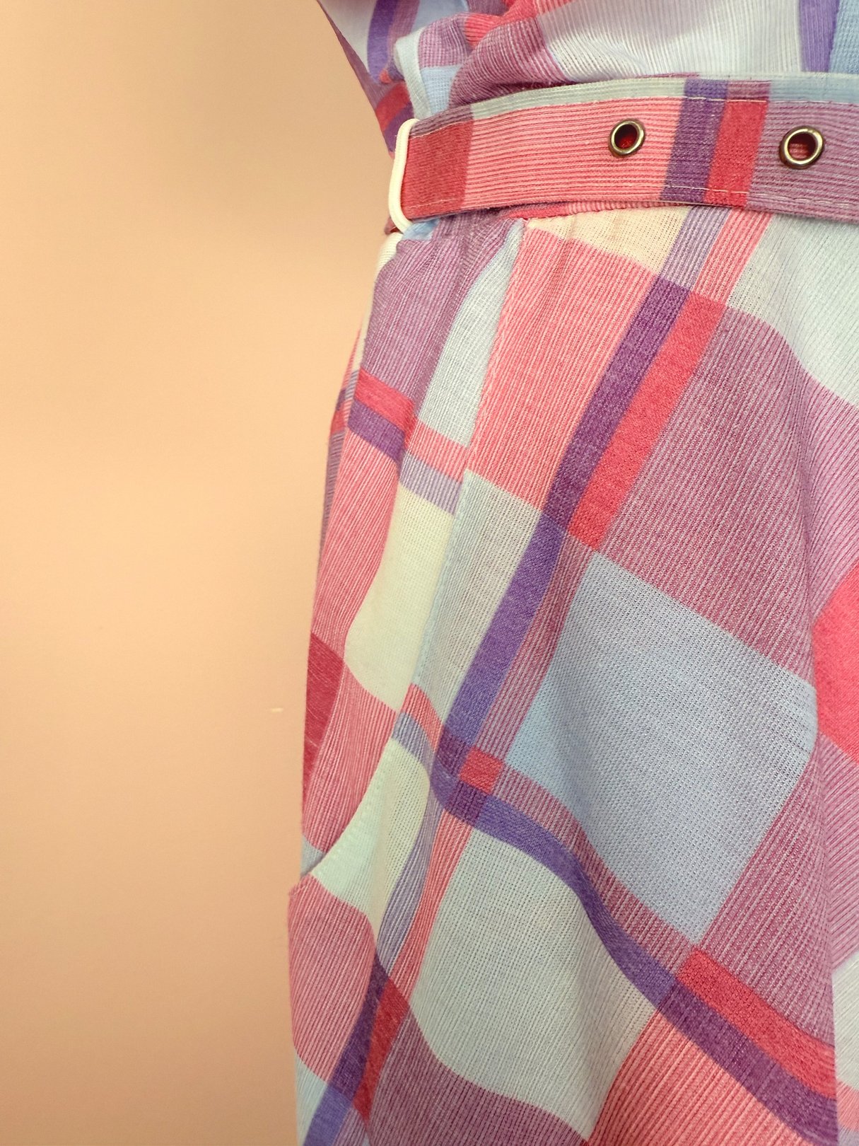 Purple Picnic Plaid Dress featuring a 1950s style with pink and blue plaid pattern and a matching belt.