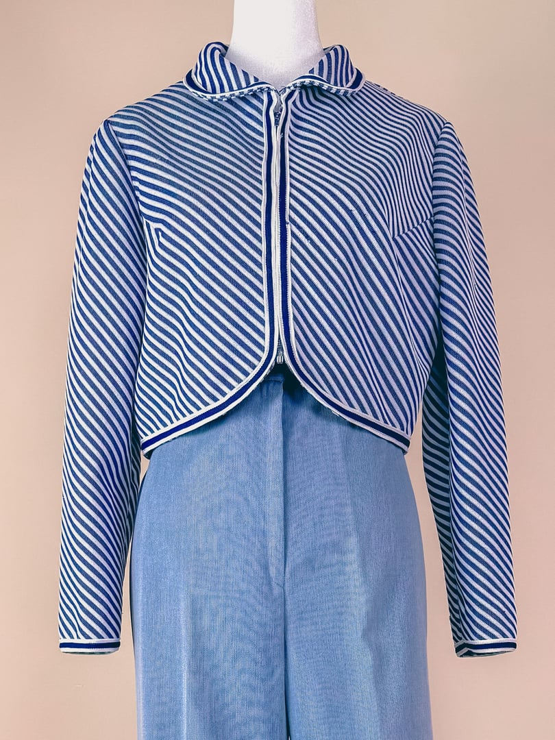 Navy blue women's 1960s Rue de Swing jacket with a striped pattern and a cropped design.
