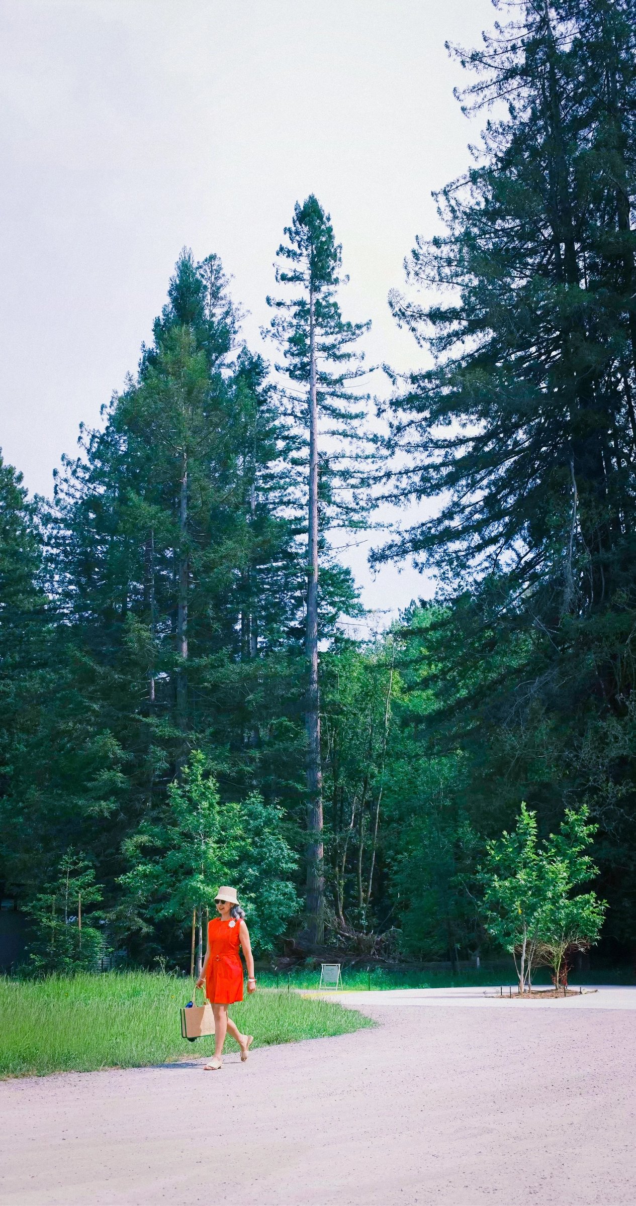 A woman in a red dress and straw hat walks on a gravel path surrounded by tall trees and lush greenery.
