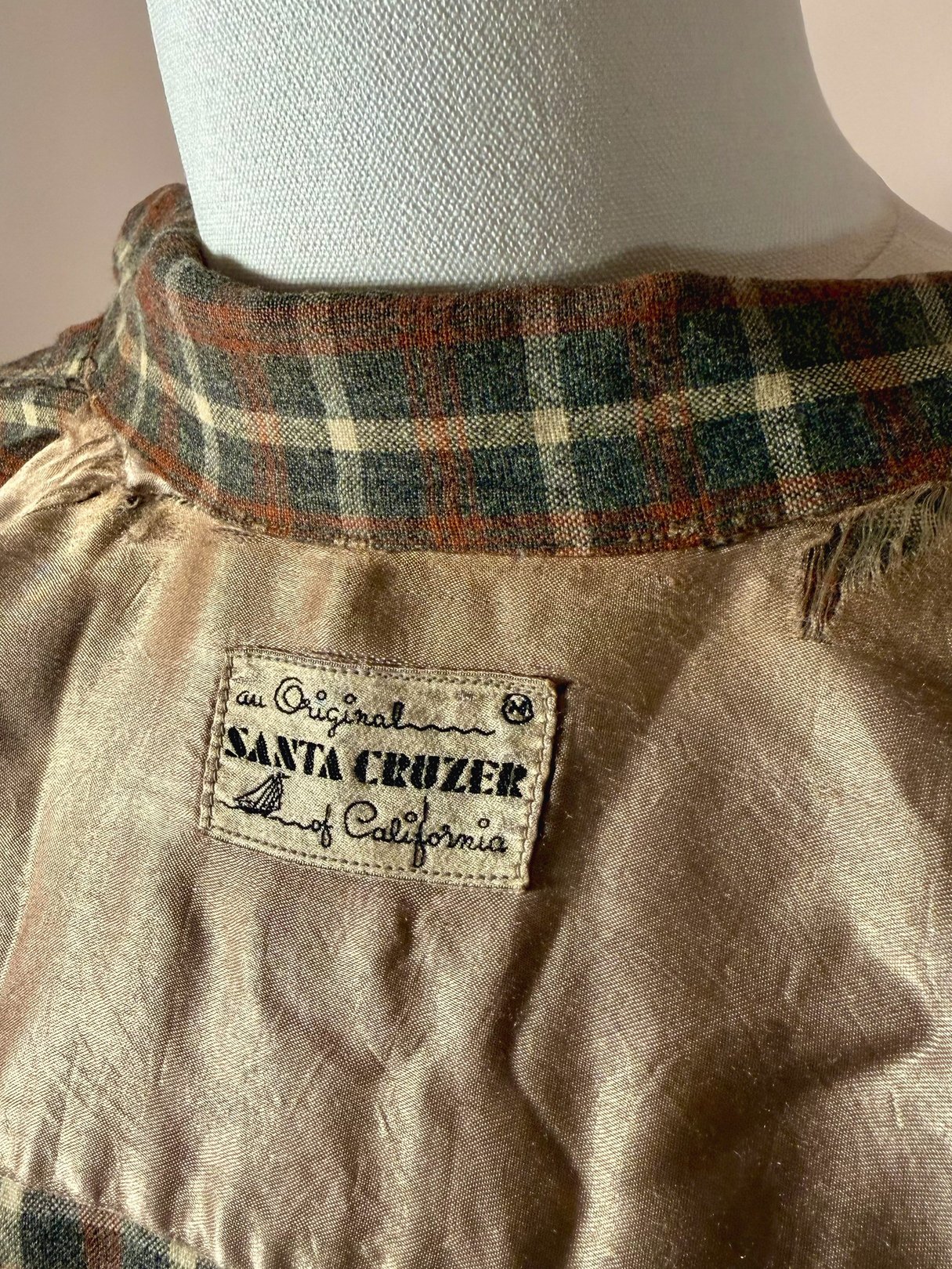 Men's 1950s Original Santa Cruzer of California plaid shirt in grey with a labeled collar.