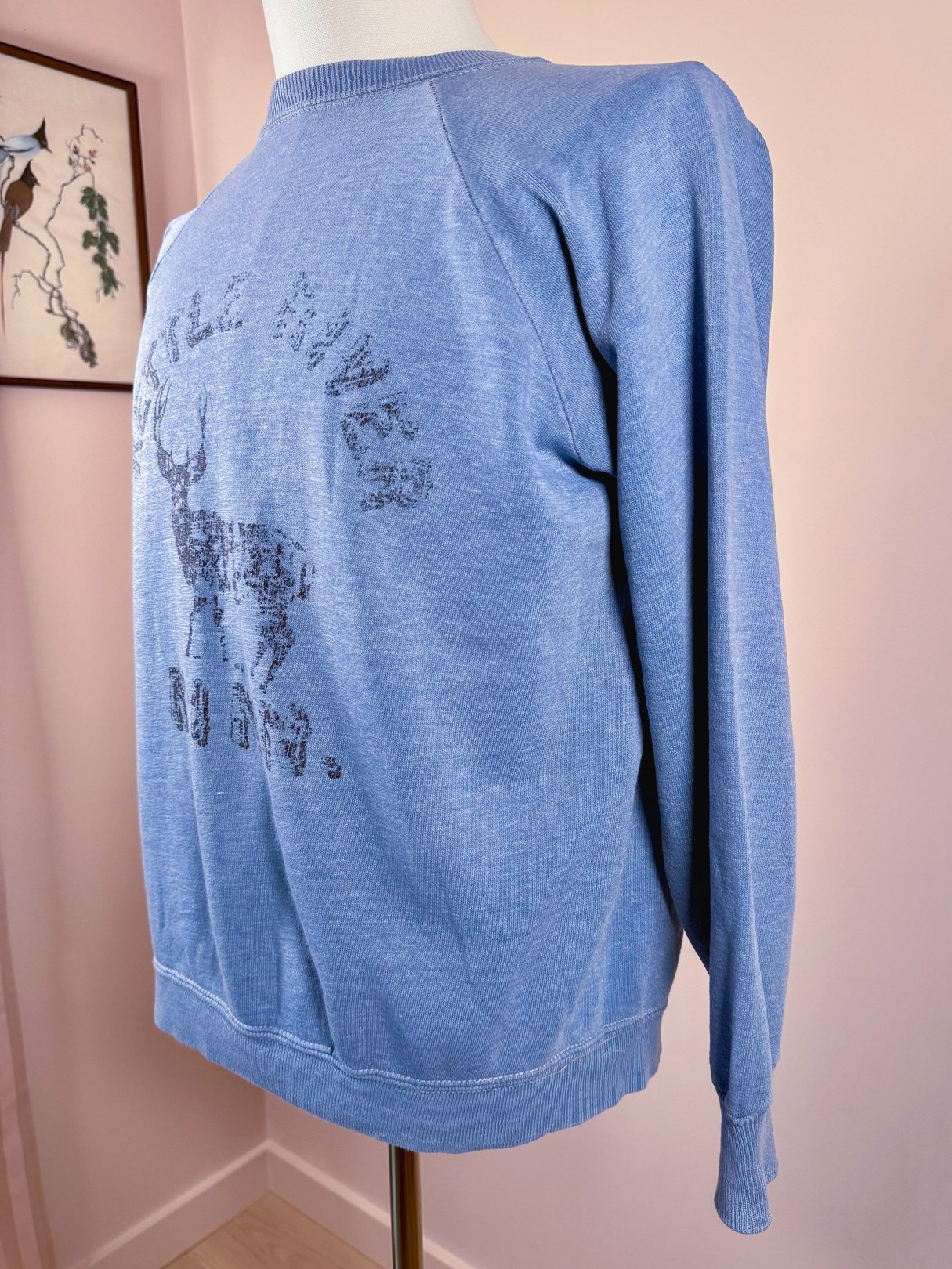 Men's 1970s blue sweatshirt featuring a vintage Kettle River graphic on the back.
