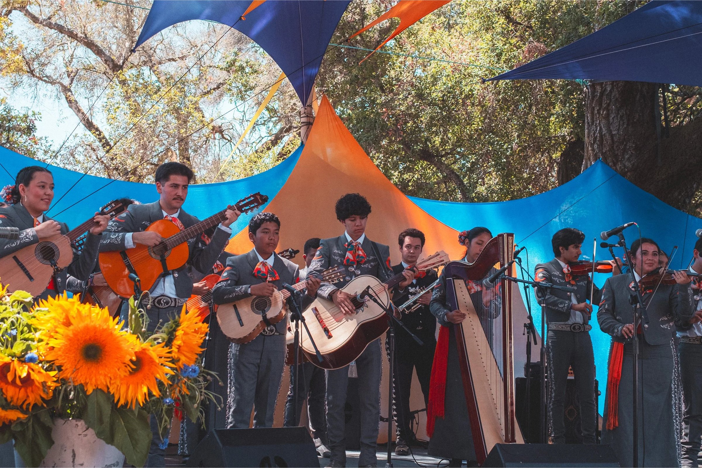 A group of musicians in traditional attire performing with guitars, a harp, and other instruments on a stage decorated with colorful fabric and surrounded by sunflowers.