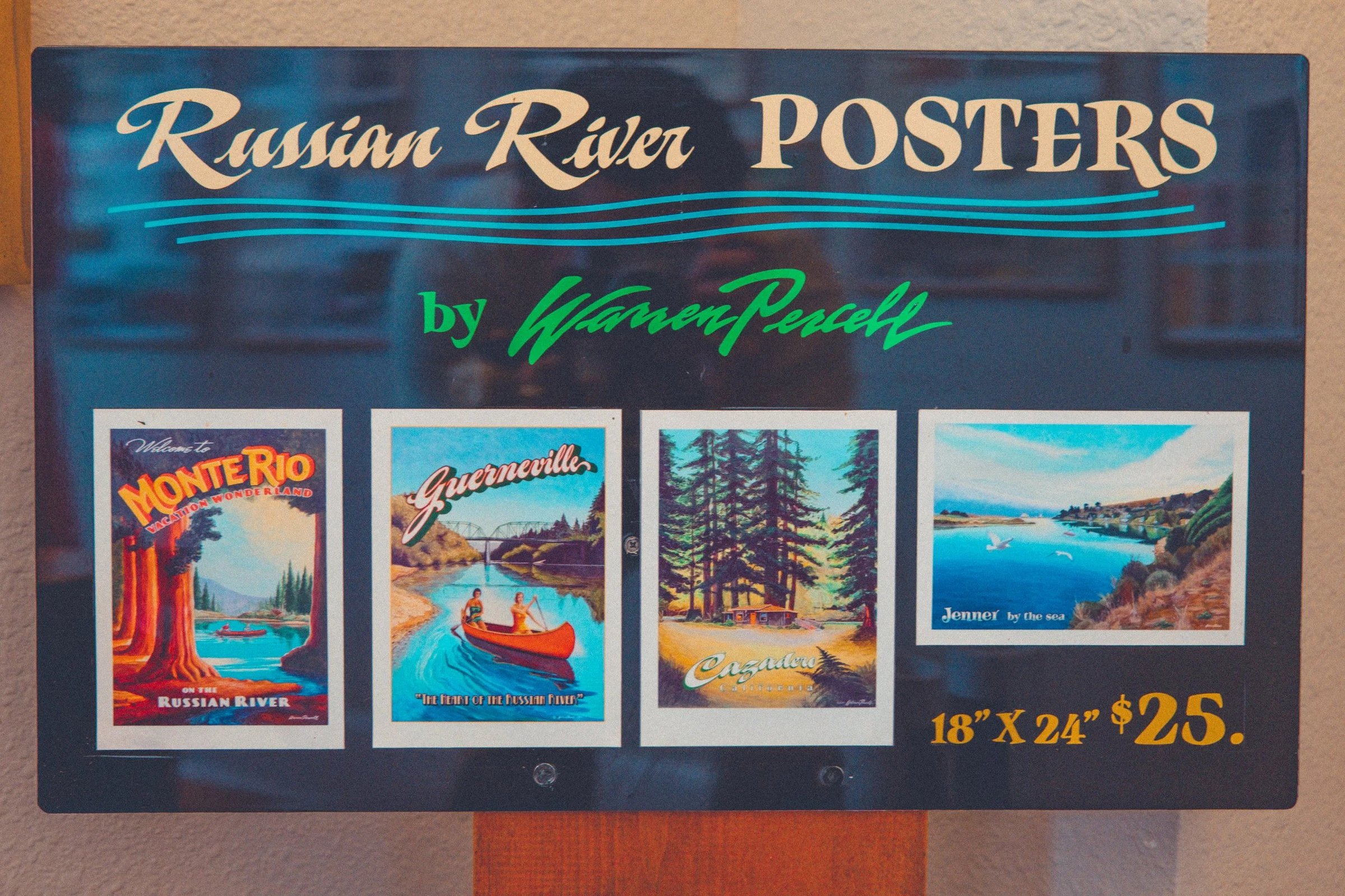 Colorful vintage-style postcards featuring scenes from Guerneville and Occidental, designed by Warren Peecook.