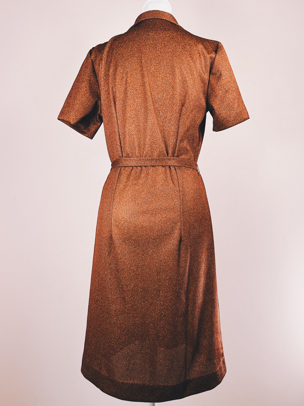 Brown 1970s women's day dress with a belted waist and short sleeves, showcasing a simple, vintage design.
