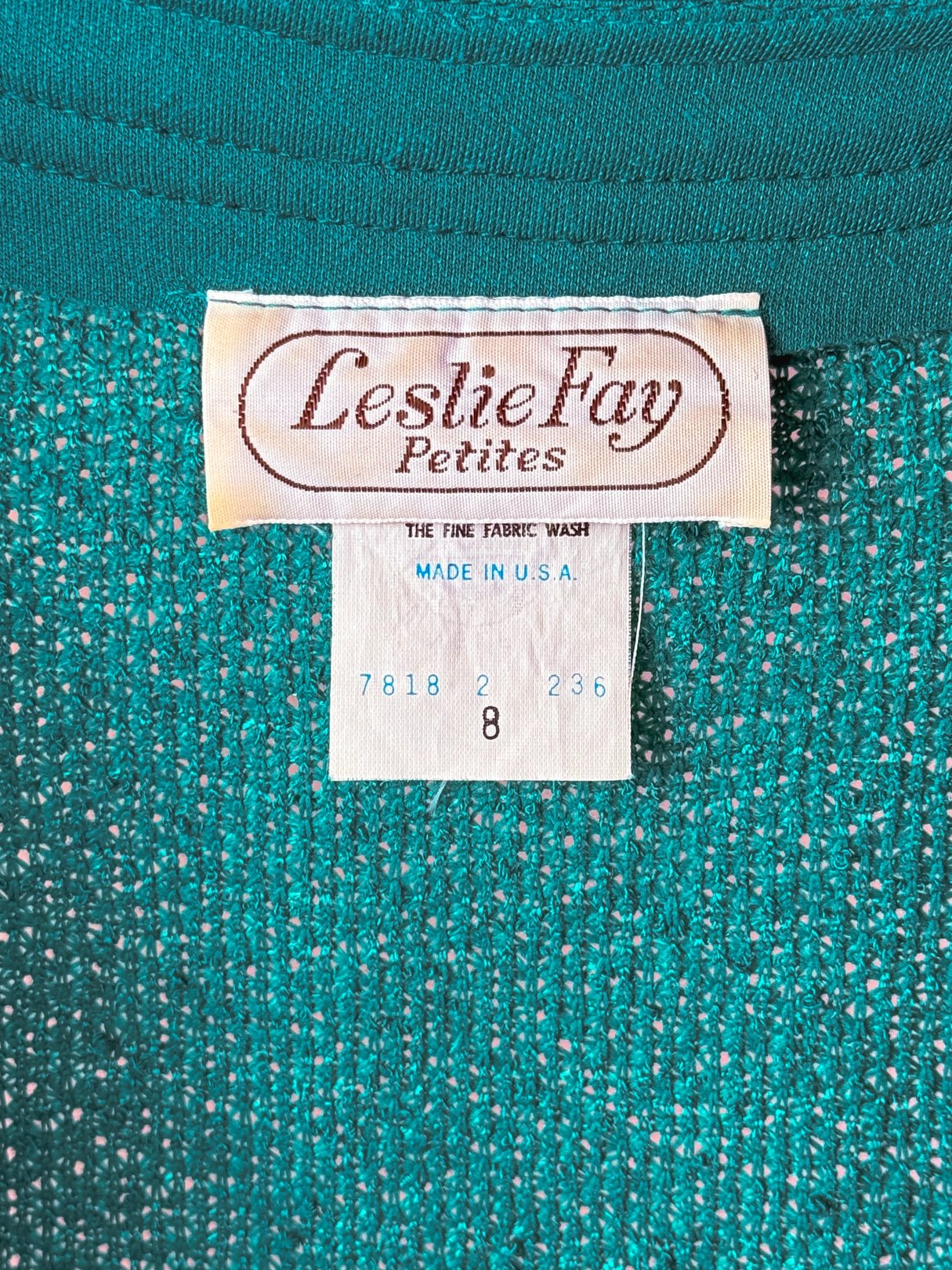 Teal Tempo Dress by Leslie Fay in size 8, featuring a textured fabric from the 1980s for women.