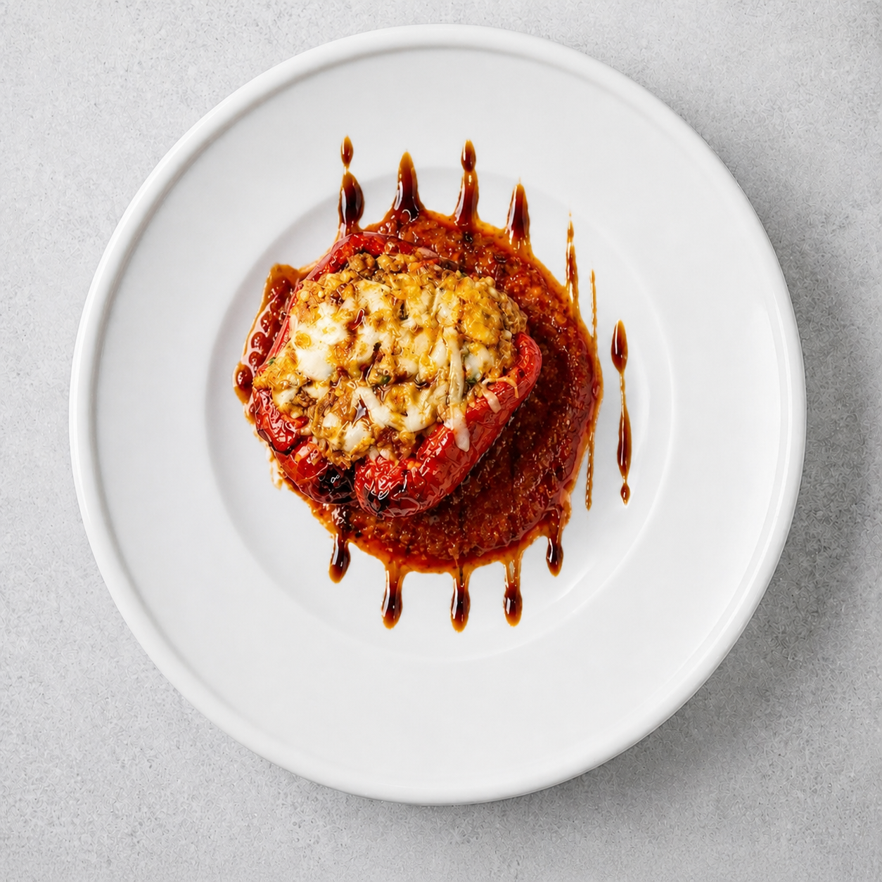 Vibrant bell peppers packed with a hearty, Italian-inspired filling of tender antibiotic-free chicken, fluffy brown rice, and juicy grape tomatoes all simmered in a rich tomato purée and seasoned with a fragrant bruschetta blend of basil, oregano, garlic, and warm spices.