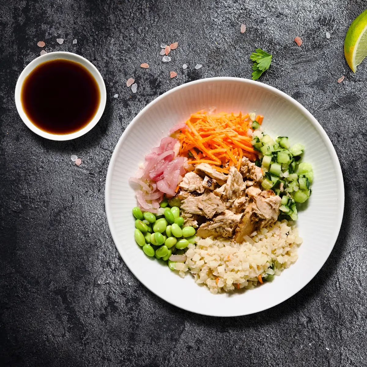 Macros include portioned sauce cup. Ponzu Sauce Cup: Calories: 25, Fat 0g, Carbs: 6g, Protein: 0g, Sodium 35mg