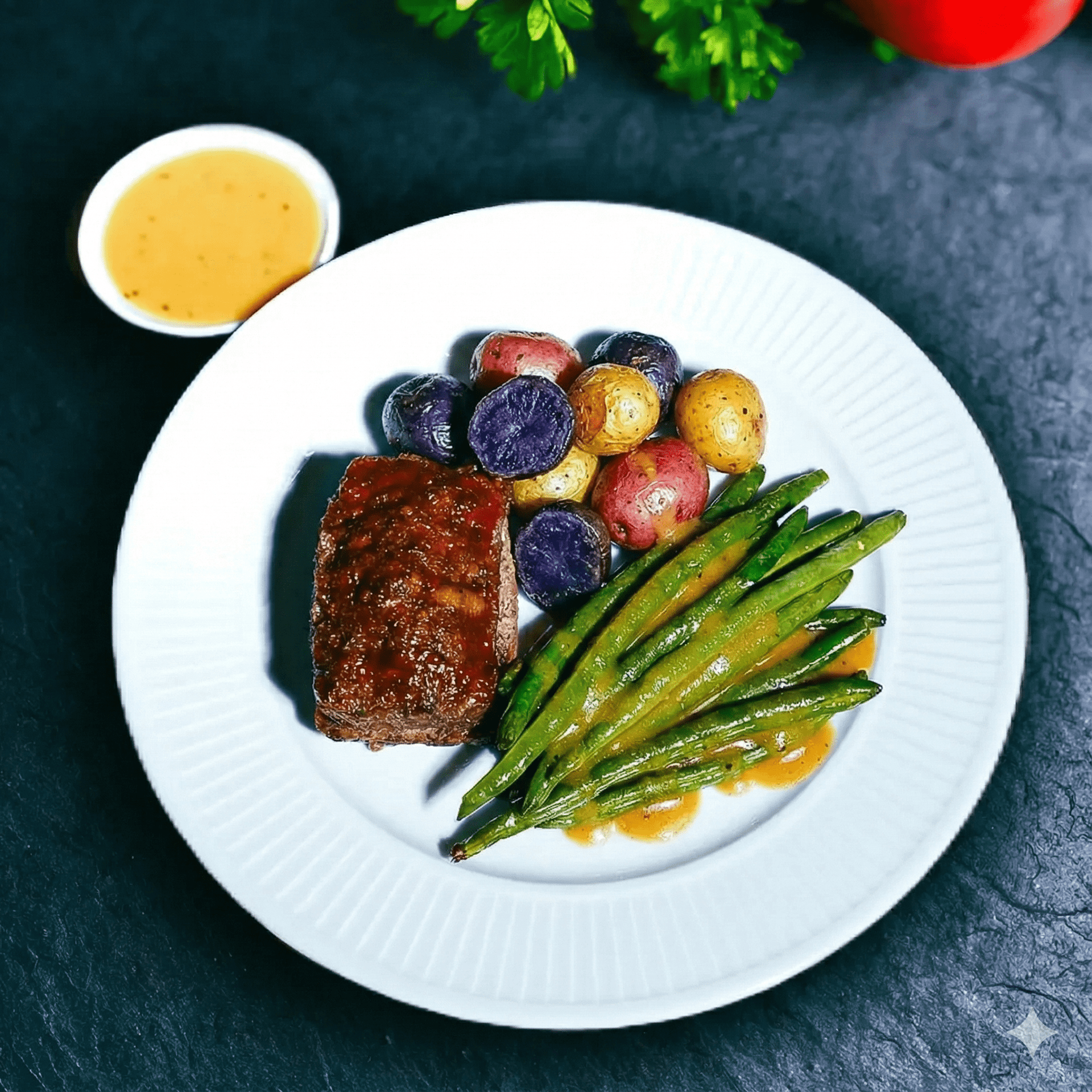 Macros include portioned sauce cup. Gravy Sauce Cup: Calories: 90, Fat 8g, Carbs: 4g, Protein: 1g, Sodium 45mg