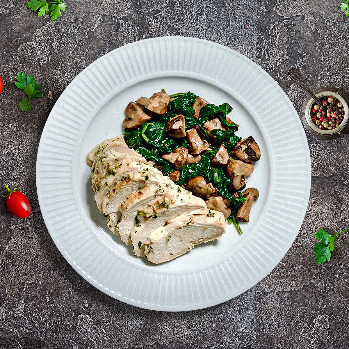 Roasted Chicken with Mushrooms and Spinach