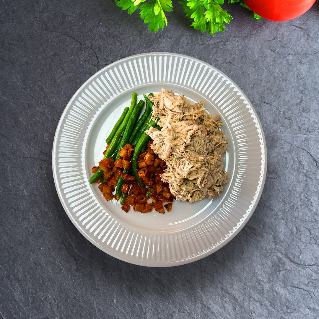 Tender, herb-seasoned shredded chicken paired with caramelized roasted butternut squash sweet, golden, and perfectly soft with every bite.