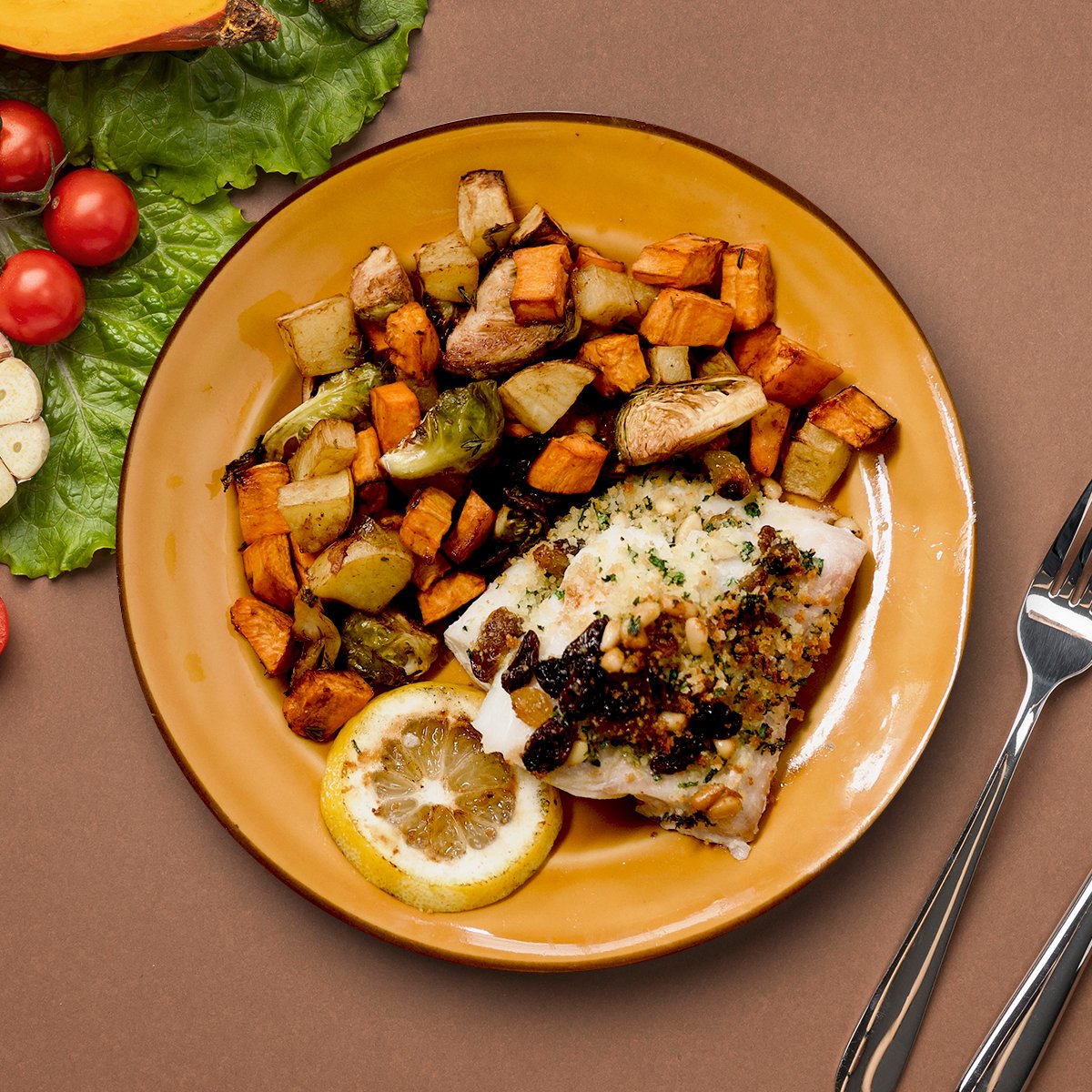 Our Sicilian Cod with Harvest Vegetables is the perfect meal for lunch or dinner!
