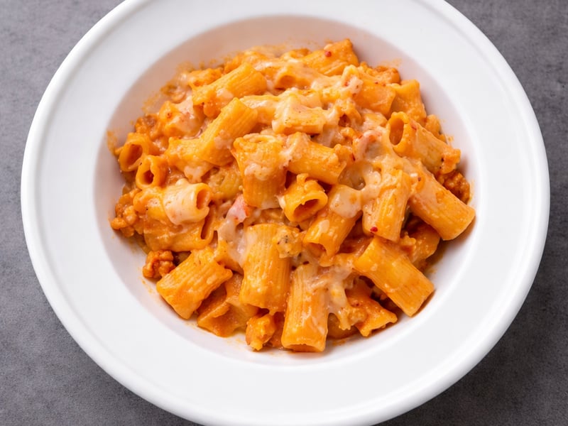 Indulge in a rich and comforting bowl of our handcrafted rigatoni, velvety tomato cream sauce with savory organic chicken sausage, sautéed shallots...