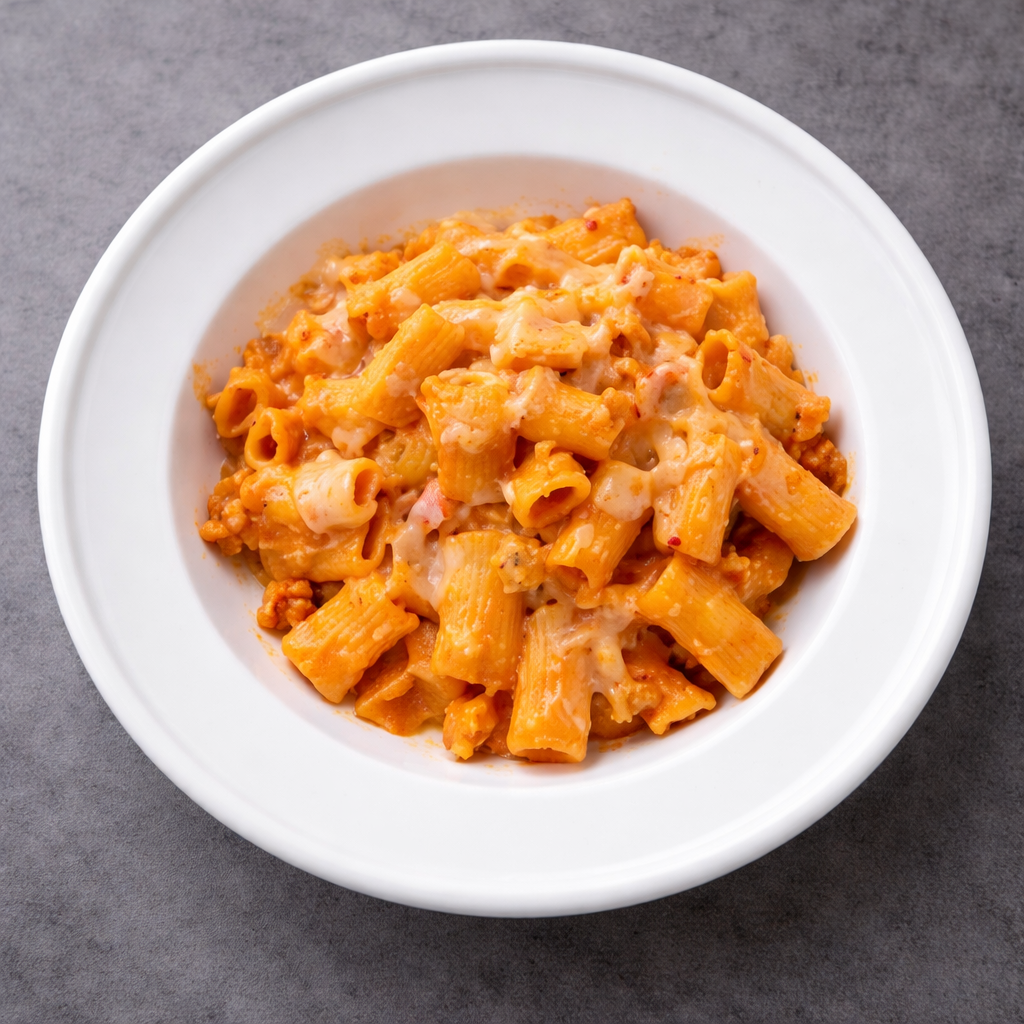 Indulge in a rich and comforting bowl of our handcrafted rigatoni, velvety tomato cream sauce with savory organic chicken sausage, sautéed shallots...