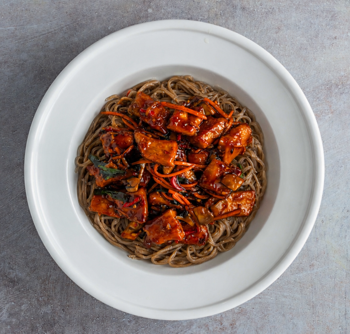 Juicy, antibiotic-free chicken breast paired with nutty organic soba noodles and sautéed crimini mushrooms, all tossed with vibrant shredded carrots and green scallions.