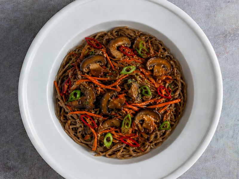 Nutty organic soba noodles tossed with sautéed crimini mushrooms, crisp shredded carrots, and fresh green scallions, all finished with a fragrant drizzle of sesame oil and a touch of sweet chili.