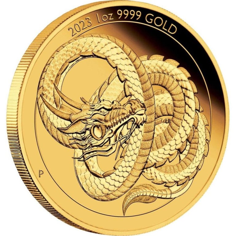 Side view of the Gold Dragon Chinese Mythical Creature 1 oz PF - 2023