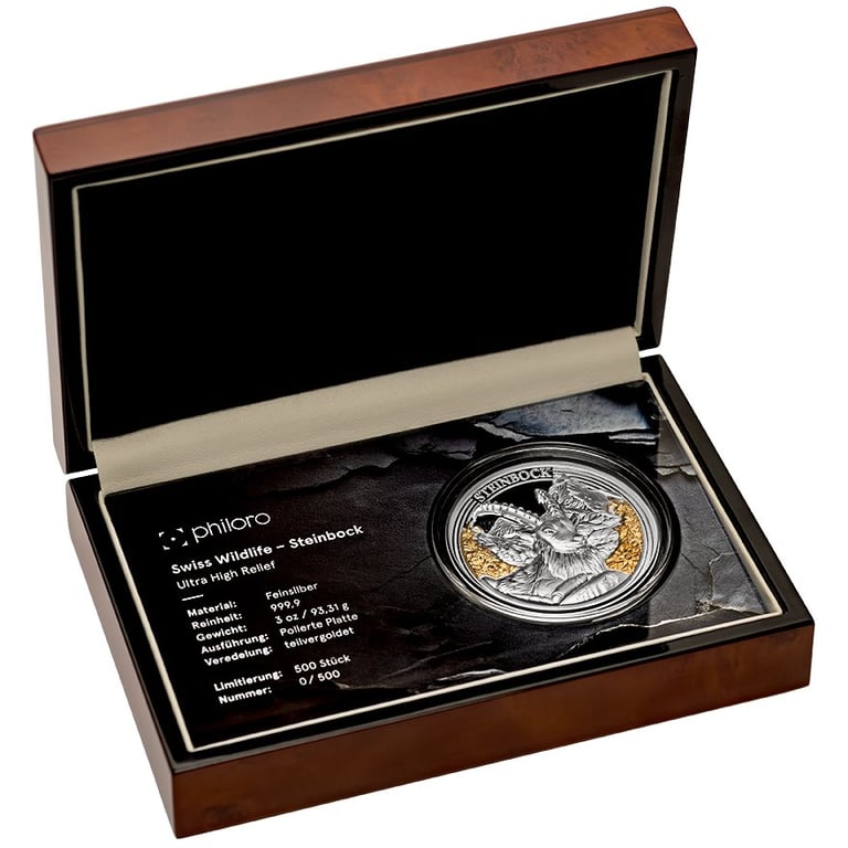 Silver Swiss Wildlife - Ibex 3 oz PF - Ultra High Relief 2024 in the original coin case