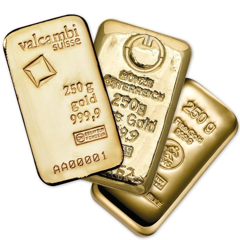 Front of the Gold bar 250 g various manufacturer