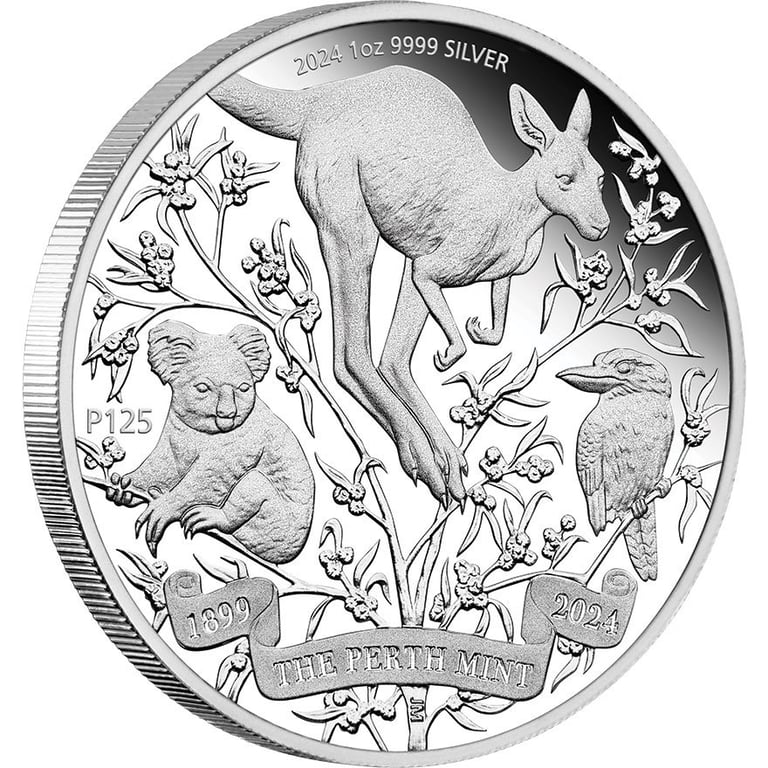 Side view of the Silver The Perth Mint's 125th Anniversary 1 oz PF - 2024