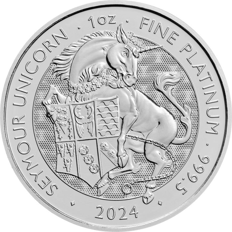 Front of the Platinum Seymour Unicorn 1 oz - Royal Tudor Beasts 2024